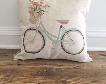 Linen Bicycle Pillow Cover – Aqua Floral Bike, Spring Decor