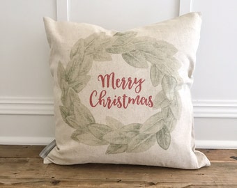 Merry Christmas Magnolia Wreath Pillow Cover