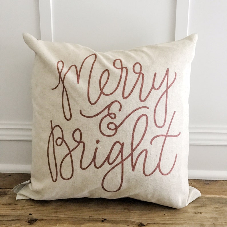 Calligraphy Merry & Bright Pillow Cover Red image 1