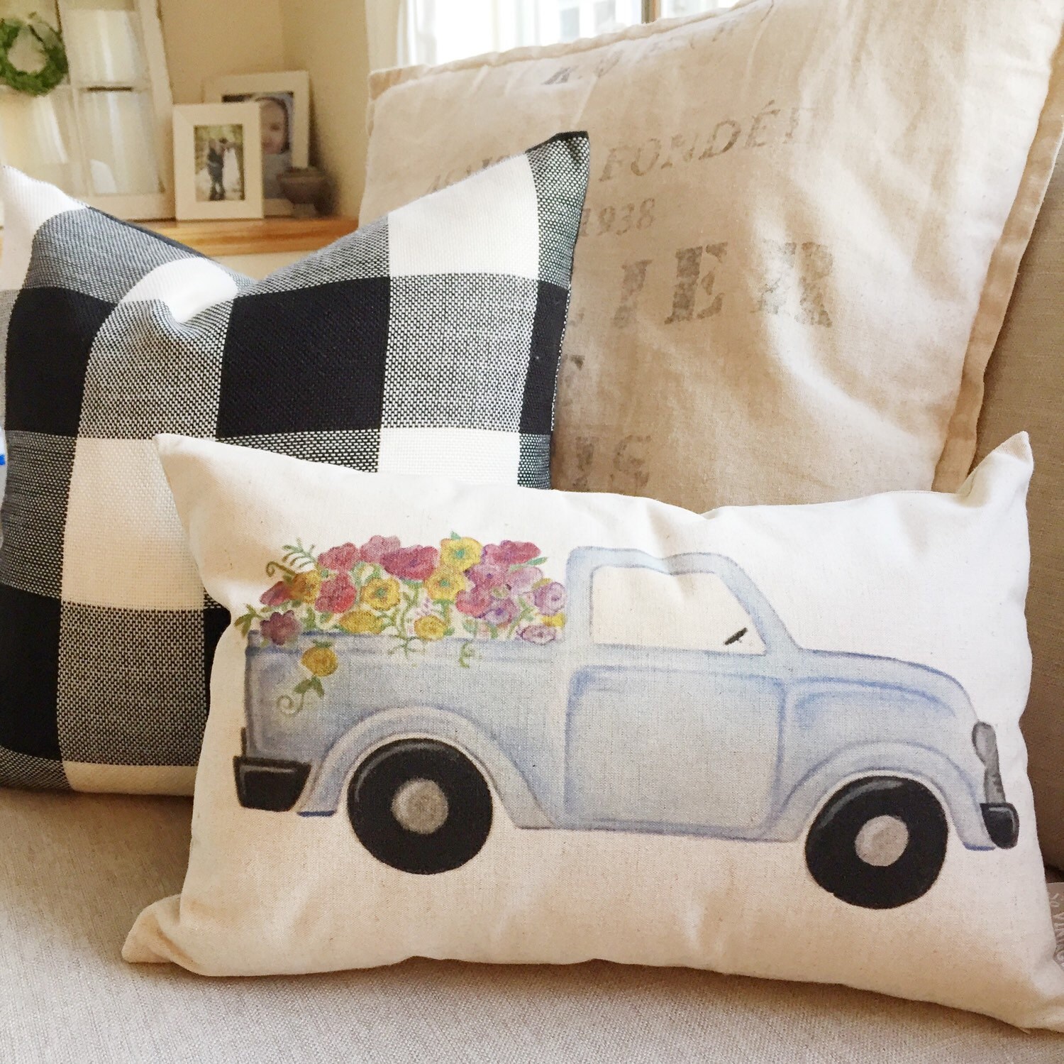 Hand Drawn Blue Truck Pillow Cover Etsy
