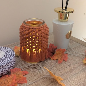 Handmade Autumnal Amber Macrame Candle Jar Cover – Boho Home Decor
