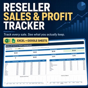May include: A digital reseller sales and profit tracker spreadsheet template for Excel and Google Sheets. The interface displays a dashboard with columns for gross proceeds, sale profit, business expenses, and net business profit, plus charts.