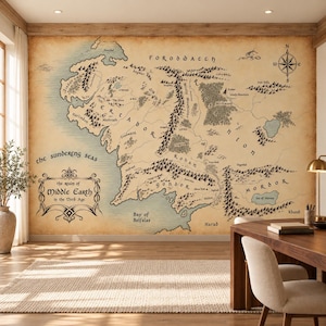 Middle Earth Map Wallpaper Mural, Antique Parchment Style for Gaming Room or Home Office
