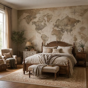 May include: A bedroom featuring a large world map wall mural in muted brown and beige tones. The room includes a wooden bed frame with beige bedding, a matching wooden bench, a beige armchair, and wooden nightstands with lamps and greenery.
