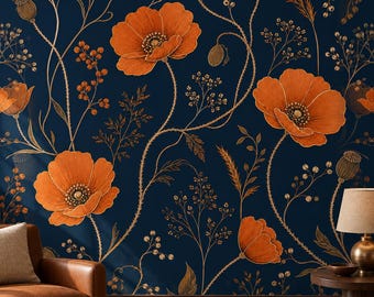 Navy Poppy Wallpaper, Burnt Orange Wildflower Meadow Pattern
