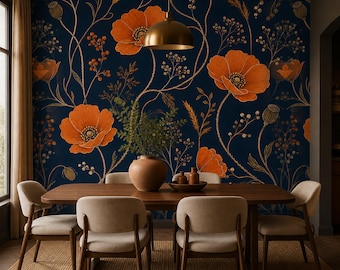 Navy Poppy Wallpaper, Burnt Orange Wildflower Meadow Pattern