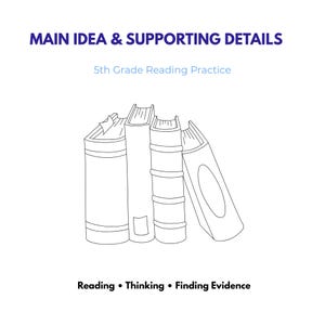 Könnte beinhalten: Eine schwarz-weiße Strichzeichnung von vier aufrecht stehenden Büchern, mit dem Text MAIN IDEA & SUPPORTING DETAILS, 5th Grade Reading Practice und Reading • Thinking • Finding Evidence in dunkelblauer und schwarzer Schrift auf weißem Grund.