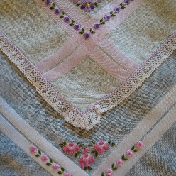 Two Matching Wedding Hankies, Tiny Lace, Tiny Rosettes Sweetness