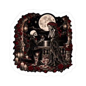 May include: A sticker featuring a skeleton in a black suit kneeling to propose to a skeleton in a black dress. The scene includes red roses, glowing lanterns, candles, and a full moon in the background, all framed by an arched stone structure.