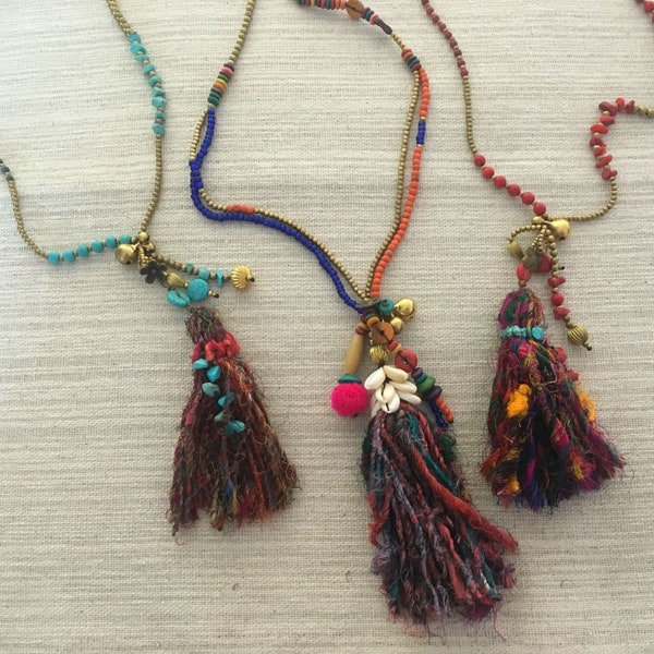 Long Boho Beaded Tassel Necklaces / Long Bohemian Necklace Jewellery / Turquoise Bead Necklace / Hippie Jewelry , Festival, Summer, Hippy