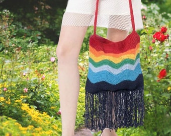 Crochet Boho Small Multi Colored Shoulder Bag - Handmade Rainbow Crochet with Fringe Bag - Crossbody Crocheted Summer Bag, Everyday Purse