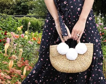 Straw Basket Water Hyacinth Beach Bag - Handwoven Boho Basket - Small Pompom Bag - Weekender Beach Bag - Wicker Purse, Summer Tassel Bag