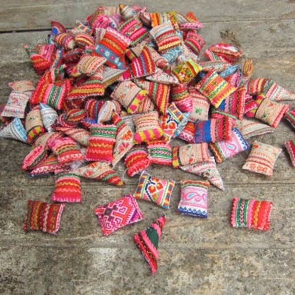 25pcs Hmong Embroidered Miniature Cushions Pillows Hmong textile shapes Vintage Fabrics Hand Stitched