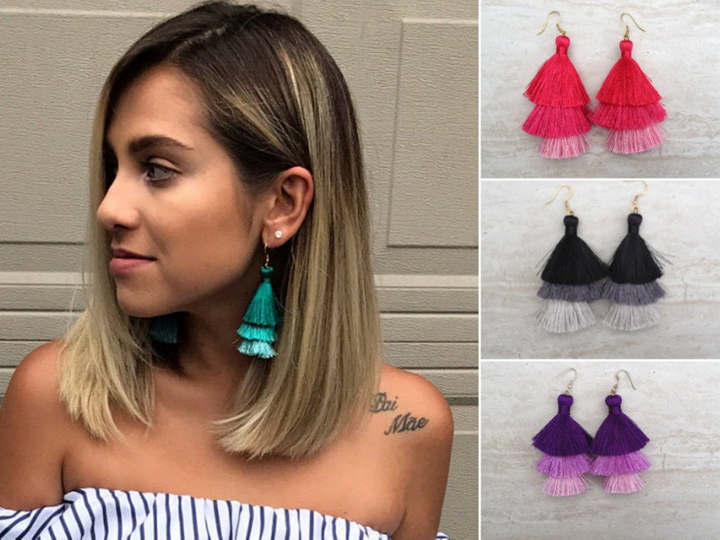 Tassel Statement Earrings Tassle Layered Earrings Dangle Etsy