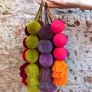 Jumbo Pom Tassel Boho Bag Charm - Colorful Neon Pompoms Purse Basket - Wallhanging Door Knob Boho Decor Accessory - Boho Gift for Friend