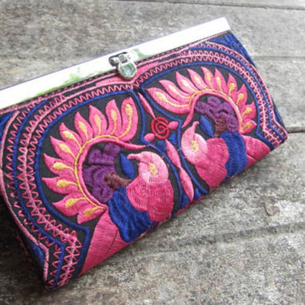 Vibrant Blush Tribal Clutch Wallet Clutch Purse Hmong Vintage Fabric Ethnic Fabric Pink Dark Hot Pink Lipstick Razzle Dazzle Love Birds