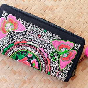 Handcrafted Hmong Pink Floral Embroidered Wallet Boho Zipper Purse Triball Zip Pull Purse Butterfly Embroidery boxD