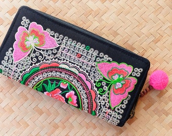 Butterfly Wallet Women Pink - Embroidered Zipper Wallet Organiser, Womens Wallet Pouch Medium Size Cards & Cash Multicolored Patterned boxD