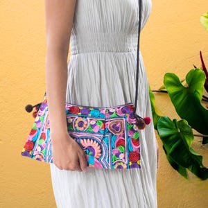 Embroidered Crossbody Bag Hmong Hill Tribe Fabric Purse Shoulder Bag Floral Colorful Pompoms Ethnic Fair Trade Boho Trendy