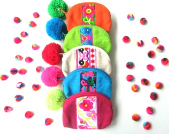 Small Fabric Coin Purse Colorful Pompom Boho Style - Cute Zipper Purse Pouch Lined, Floral Bright Colourful , Neon Pom Pom Gift Card Bag