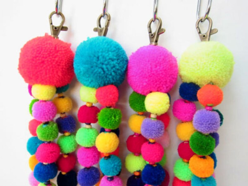 Tutu Pom Pom Keychain Trio of Neon Wool Mini Pom poms Bag Etsy