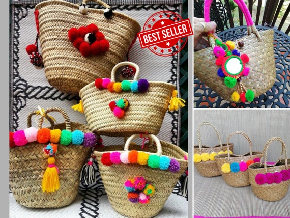 Rattan Pom Pom Mini Baskets Boho Beach Summer Handmade Baskets