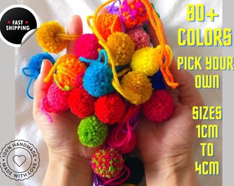 Yarn Pom Poms 1cm - 4cm Pick Your Own Colors - 80+ Assorted Color Pompoms - Tiny Small Fluffy Wool Pom Poms, Bulk Wholesale Multi Colored