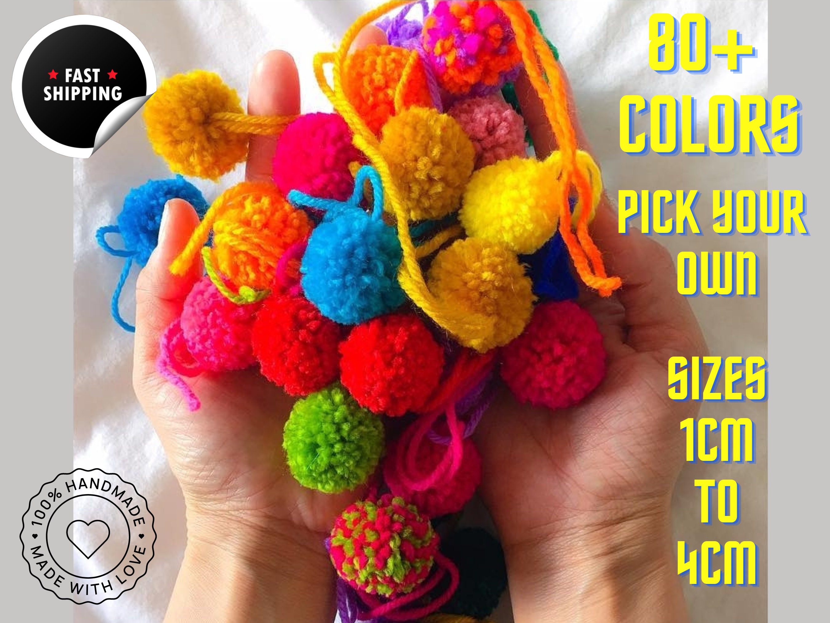 Fluffy Yarn Pom Poms Pick Your Own Colors 1cm 4cm , 80 Assorted