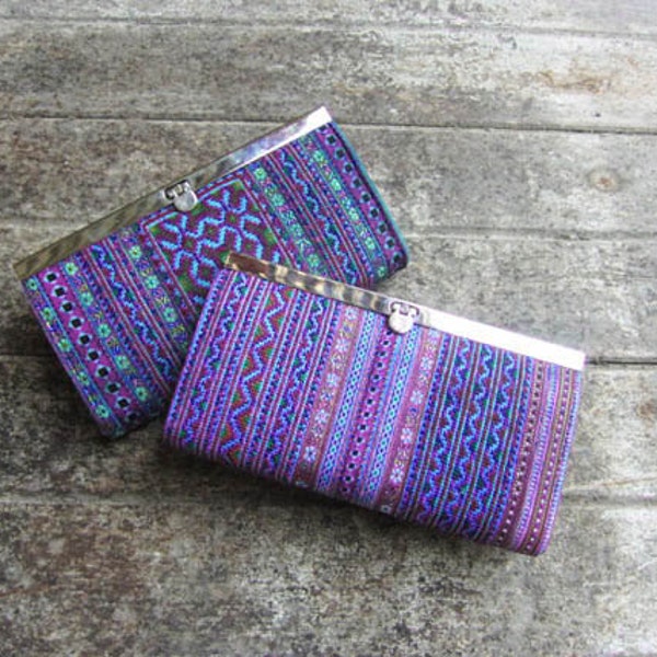 Exotic Berries Tribal Clutch Wallet Clutch Purse Hmong Vintage Fabric Ethnic Fabric Purple Dark Lilac Grape Orchid