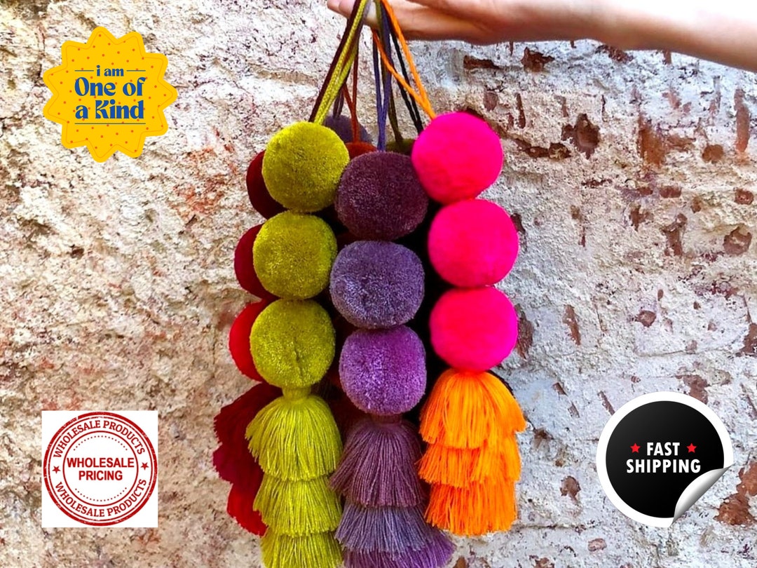 Jumbo Pom Tassel Boho Bag Charm Colorful Neon Pompoms Purse Etsy