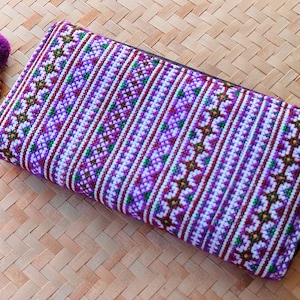 One of a Kind Purple Embroidered Boho Zipper Wallet Women Hmong Ethnic Embroidered Wallet Long Zip Wallet Handcrafted in Thailand Box D