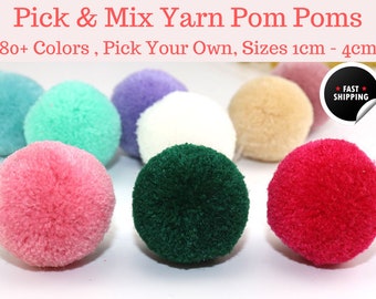 Fluffy Yarn Pom Poms Pick Your Own Colors 1cm - 4cm , 80+ Assorted Color Pompoms - Tiny Small Wool Pom Poms, Bulk Wholesale Multi Colored