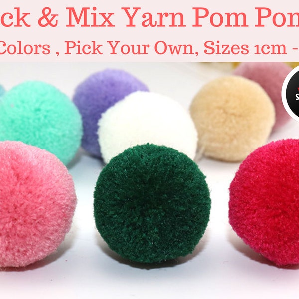 Fluffy Yarn Pom Poms Pick Your Own Colors 1cm - 4cm , 80+ Assorted Color Pompoms - Tiny Small Wool Pom Poms, Bulk Wholesale Multi Colored