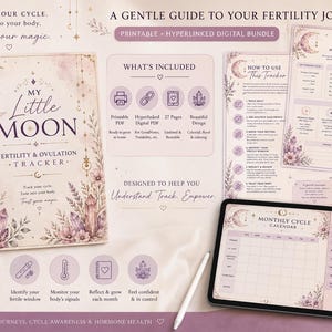 May include: A digital fertility and ovulation tracker bundle titled My Little Moon, featuring 27 pages with celestial, floral, and crystal illustrations in soft purple and cream tones, displayed on a tablet screen and as printed pages.