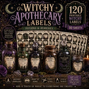 May include: A collection of 120 printable witchy apothecary labels on 10 sheets, featuring decorative potion bottle stickers with names like Love Tonic and Starfall Elixir. The set includes 8.5 x 11 inch PDF files for home printing and crafting.