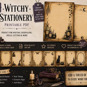 May include: A set of 10 printable stationery pages featuring a vintage parchment aesthetic with dark brown illustrations of potion bottles, moons, cats, and botanical elements. The pages measure 8.5 by 11 inches and include lined writing areas.