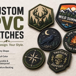 May include: Custom PVC patches with various designs including a deer, a mountain landscape with the text Wild Summit Adventure, a raven, a campfire with the text Life Is Better Around The Fire, a compass, and a skull with Tactical Support text.