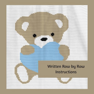 May include: A crochet pattern for a brown teddy bear holding a blue heart. The pattern is written row by row and includes instructions.
