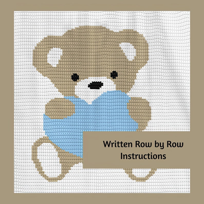 May include: A crochet pattern for a brown teddy bear holding a blue heart. The pattern is written row by row and includes instructions.