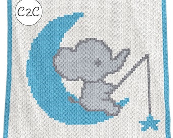 Couverture au crochet C2C, motif écrit rangée par rangée, éléphant étoile pêcheur afghan graphique cadeau de baby shower, cadeau d'anniversaire nouveau-né poussette
