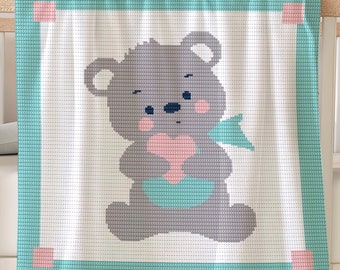 Crochet Pattern Baby Blanket Written Row by Row Lovely Bear Afghan Graph for Baby Shower Gift Birthday Newborn Nursery Throw for boy or girl