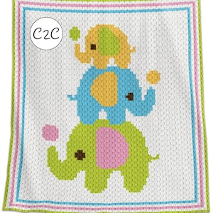 Può includere: Uno schema di uncinetto con tre elefanti impilati in diversi colori: verde, blu e giallo. Gli elefanti tengono piccoli cerchi nelle loro proboscidi. Lo schema è incorniciato da un bordo rosa, blu e verde. Il testo "C2C" è in un cerchio nella parte superiore dello schema.