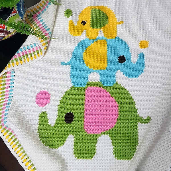 Couverture de bébé au crochet, motif écrit rangée par rangée, trois éléphants coincés, graphique afghan pour cadeau de baby shower, cadeau d'anniversaire nouveau-né pour chambre d'enfant