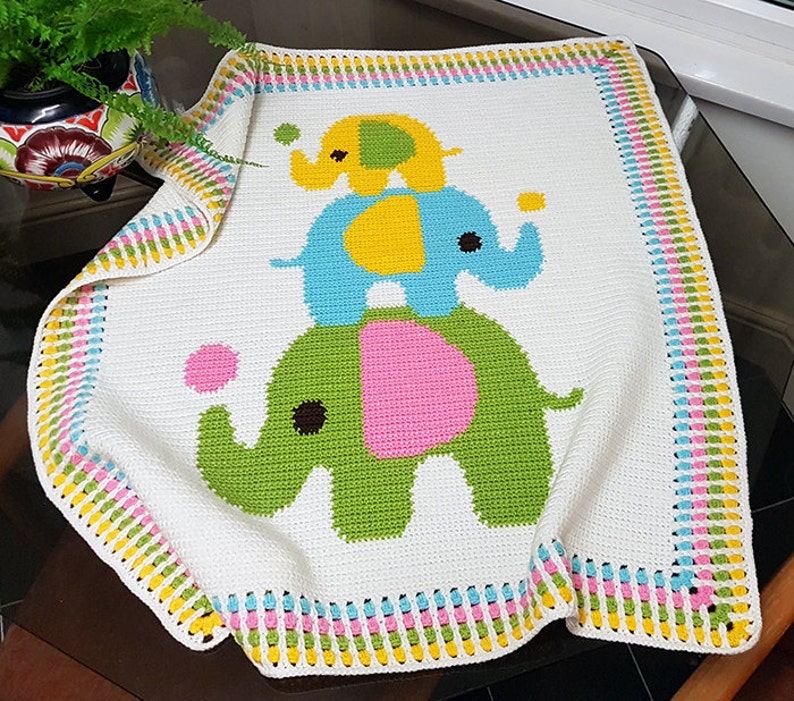 Crochet Blanket Pattern Crochet Baby Blanket Pattern Elephant Blanket Pattern Baby Afghans Crochet Patterns Three Elephants Pattern image 2