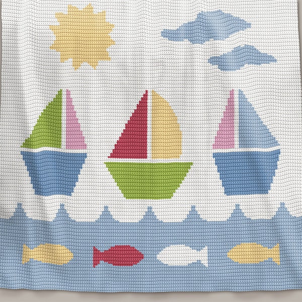 CROCHET Pattern - Baby Blanket Pattern - Sail Away - Crochet Graph - Boat Crochet Pattern - Afghan Crochet Pattern - Sea Crochet Graph