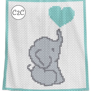 Couverture de bébé au crochet C2C, motif écrit rangée par rangée, éléphant, coeur doux, cadeau de baby shower afghan, cadeau d'anniversaire nouveau-né pour chambre d'enfant