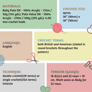 May include: Crochet pattern instructions with materials, finished size, crochet terms, technique, and tension (gauge) information. The pattern uses both British and American crochet terms.