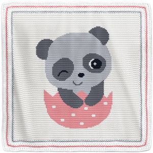 May include: A gray and white panda bear with a pink nose and black eyes is peeking out of a pink egg with white polka dots. The egg is on a white crocheted background with a pink border.