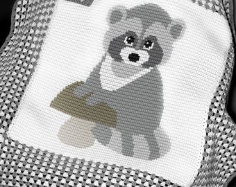 Crochet Pattern Baby Blanket Written Row by Row Raccoon Afghan Graph for Baby Shower Gift Birthday Toddler Travel Throw with granny stitch