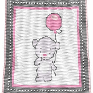 May include: A gray crocheted baby blanket with a pink border. The blanket features a gray crocheted bear holding a pink balloon.